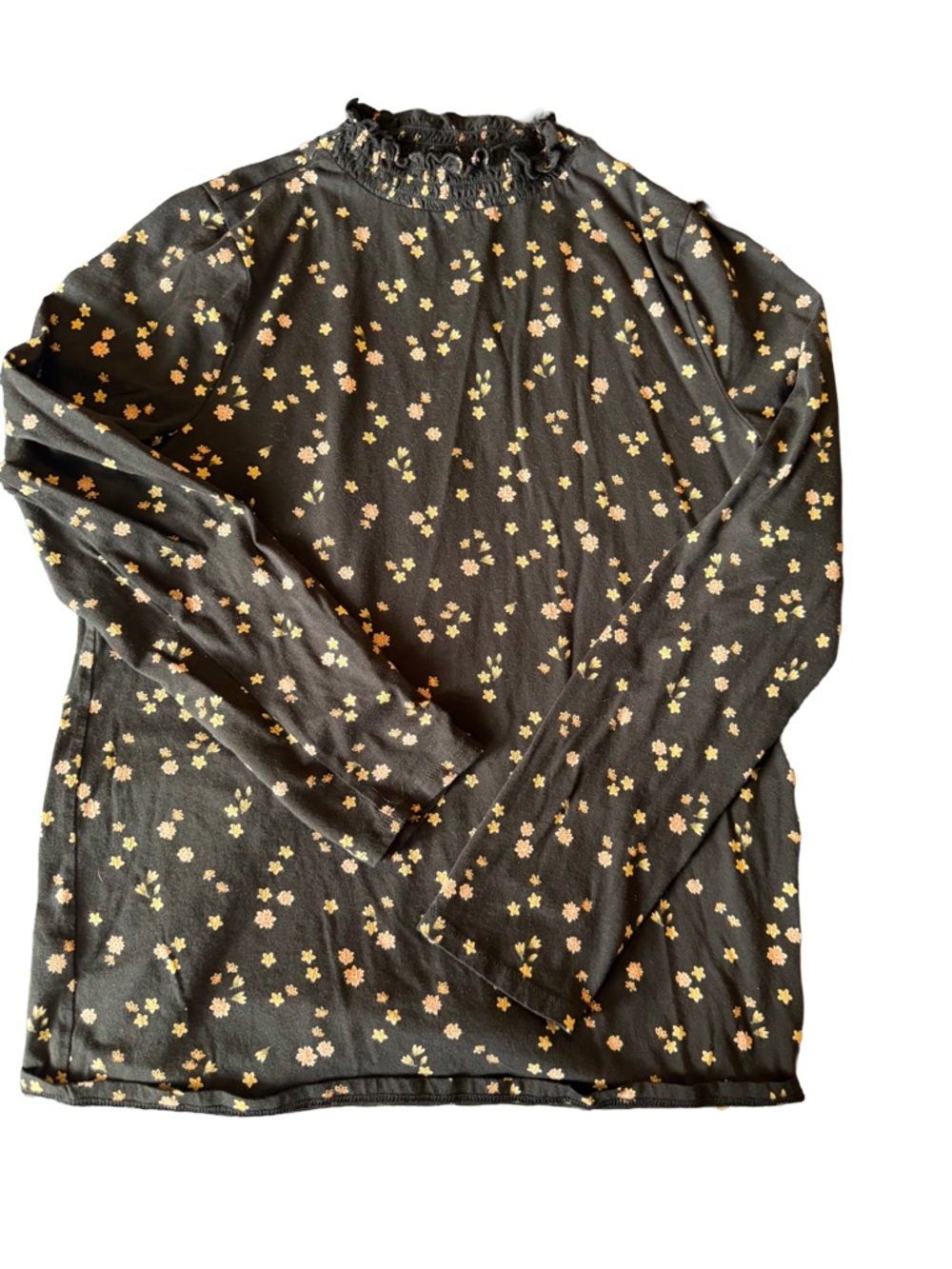 LOFT Black Floral Smocked-Neck Top- Size L